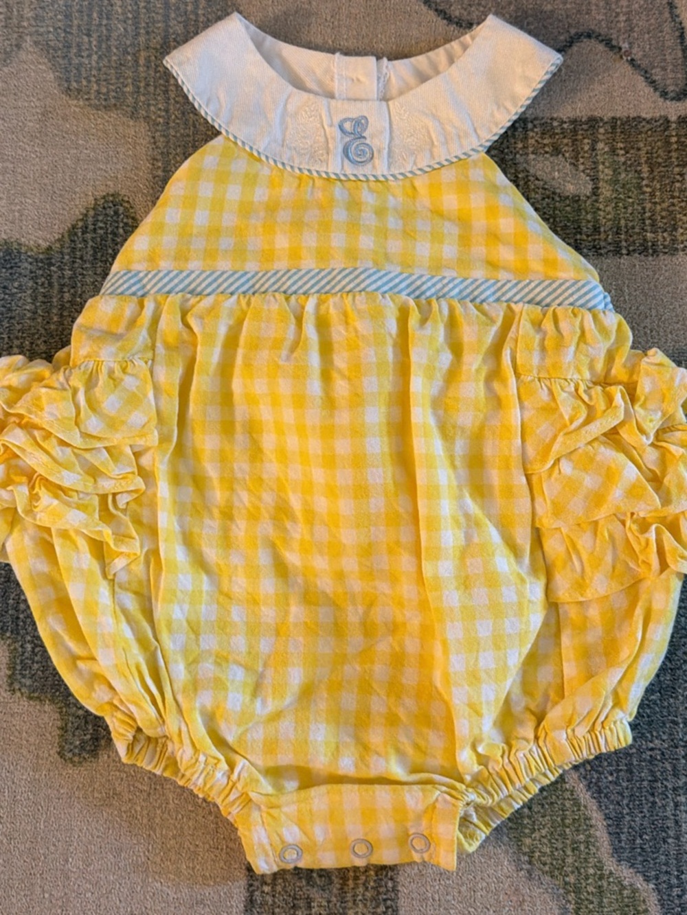 Darling Yellow Gingham Bubble Romper with White Collar “E”